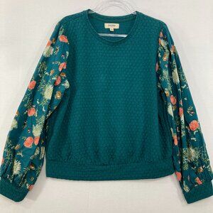 Porridge size XL Blue Teal Floral Geometric Textured Stretch Knit Sweatshirt Top